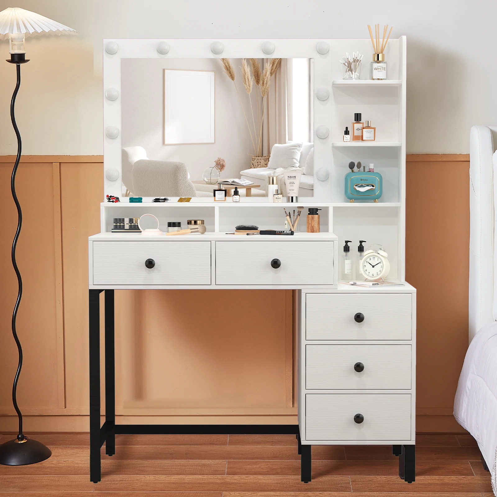 Weißes Schminktisch-Make-up-Schreibtisch-Set, 11, LED-Leuchten, Spiegel, Schminktisch, Aufbewahrung, Schlafzimmer, Schönheitsstation für Frauen und Mädchen