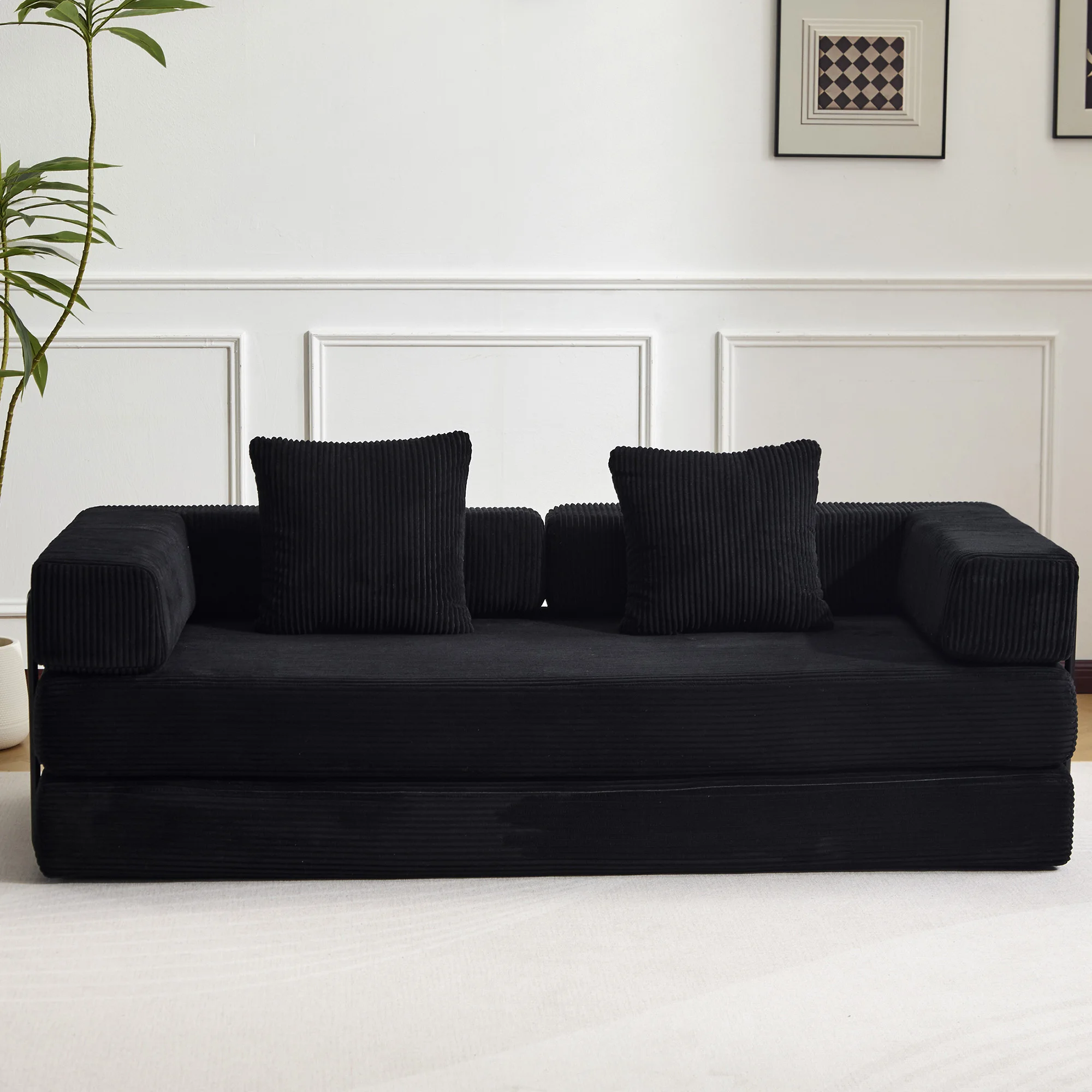 Schwarzes Cord-Komprimierbares Schlafsofa, 3-in-1 Faltbares Bodensofa ohne Montage, Weiches Zweisitzer-Sofa für Wohnzimmer Image