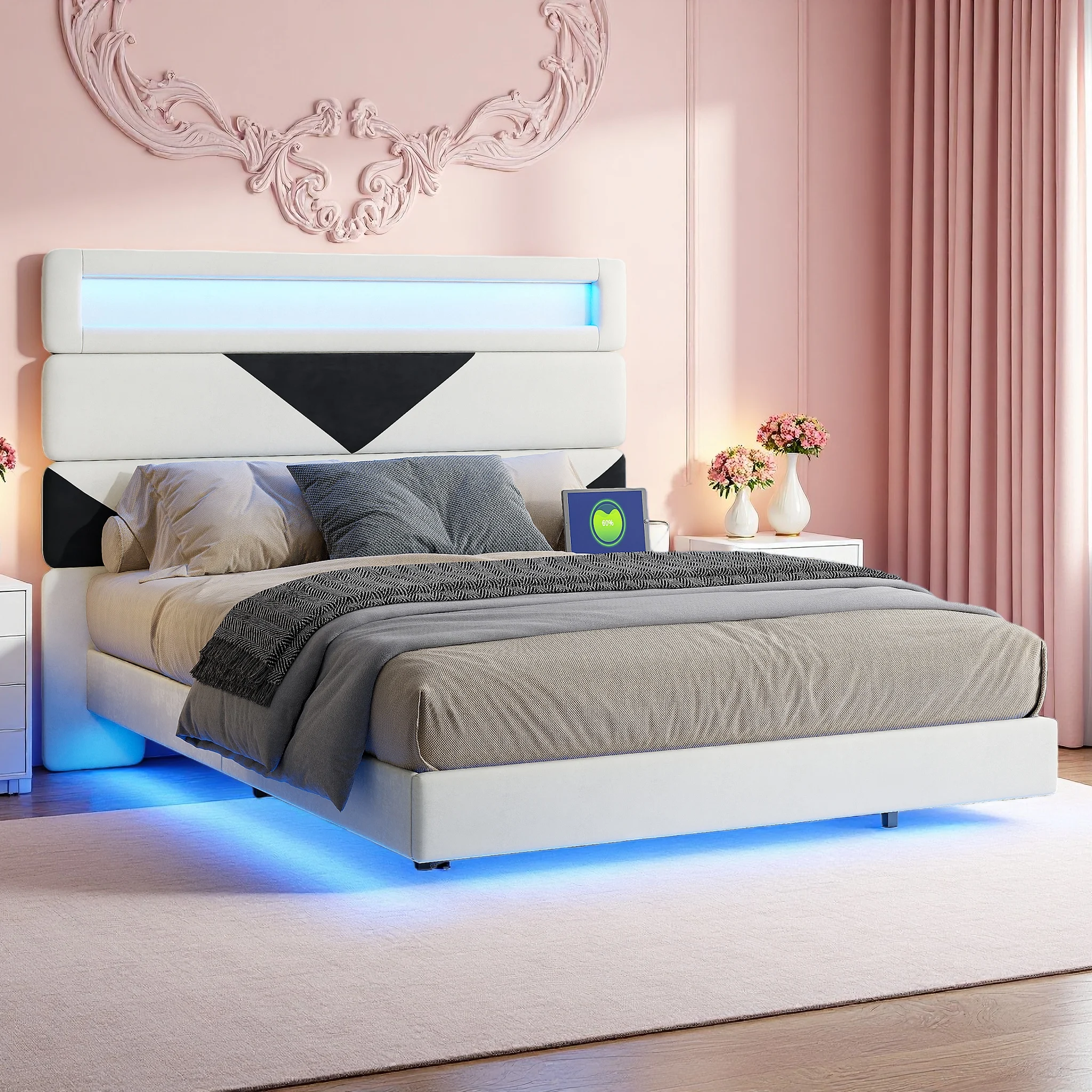 Superaly 160x200cm Polsterbett, Doppelbett mit Lichtleiste und USB-Ladefunktion, Bettgestell mit Lattenrost, Samtstoff Image