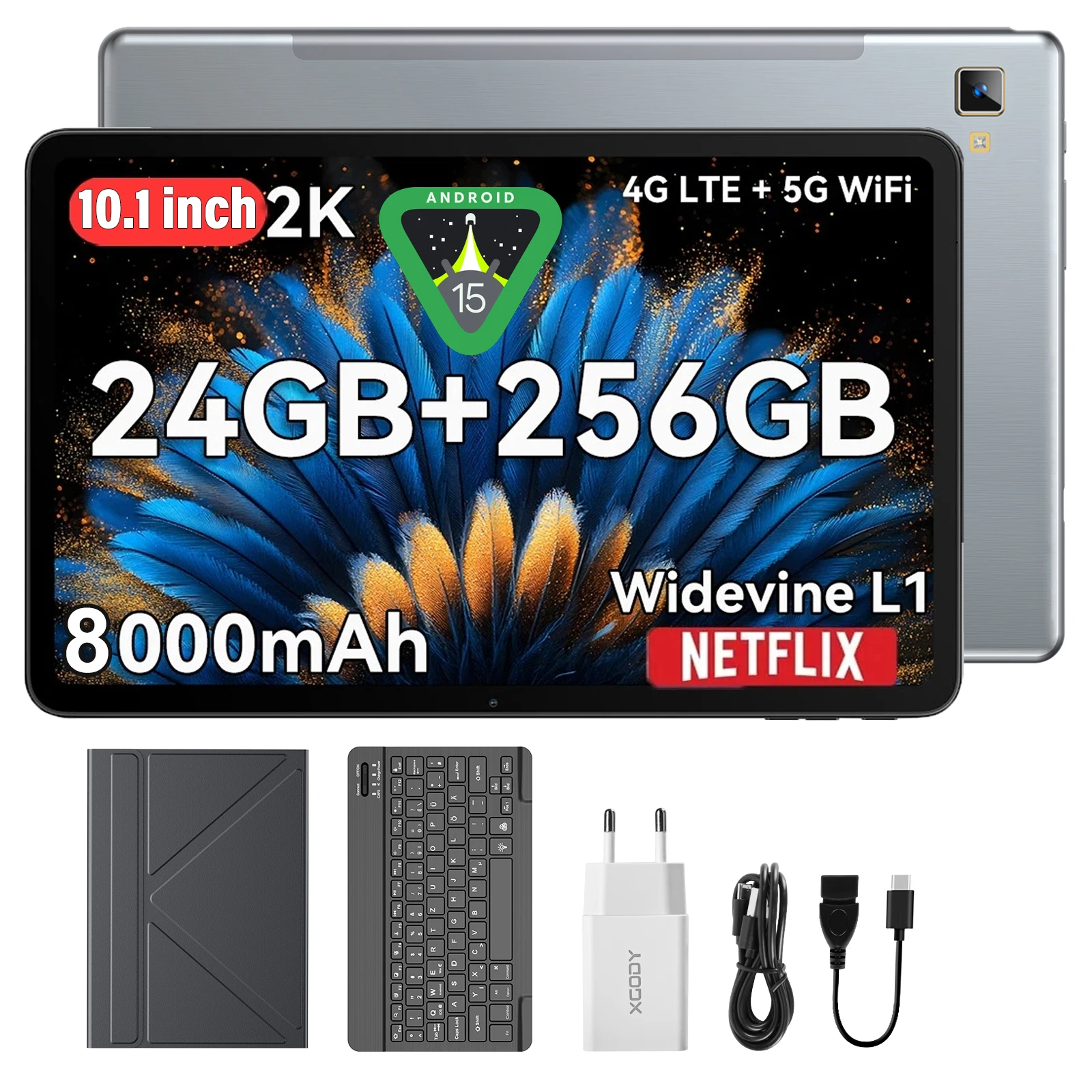 XGODY P60 Hülle Android 15 Tablet 10,1 Zoll IPS-Bildschirm 24 GB (8 GB + 16 GB erweiterbar) RAM 256 GB ROM T606 8-Core 8000 mAh mit Tastaturhülle Image