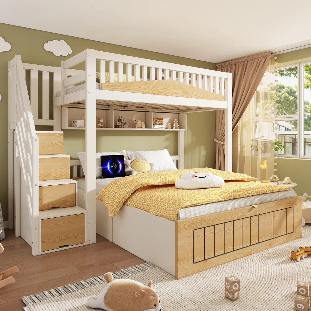 Modernes Mehrbett-Holz-Etagenbett für Familien 90x200&140x200cm mit Hydraulischem Stauraum USB-C-Ladefunktion Ohne Matratze Image