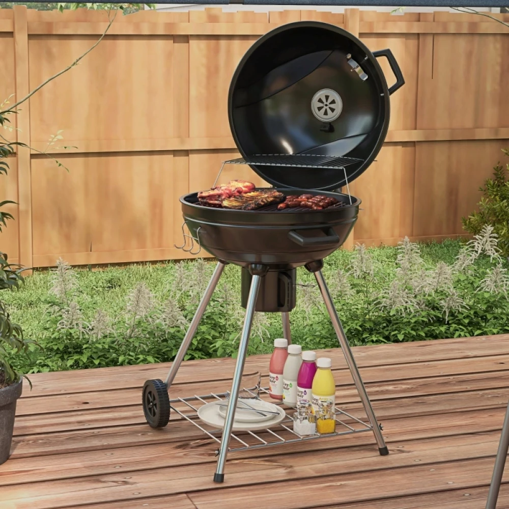 Holzkohlegrill, Campinggrill mit Rädern und Ablage, Barbecue-Grill mit Aschenbecher & Integriertem Thermometer aus Metall Image