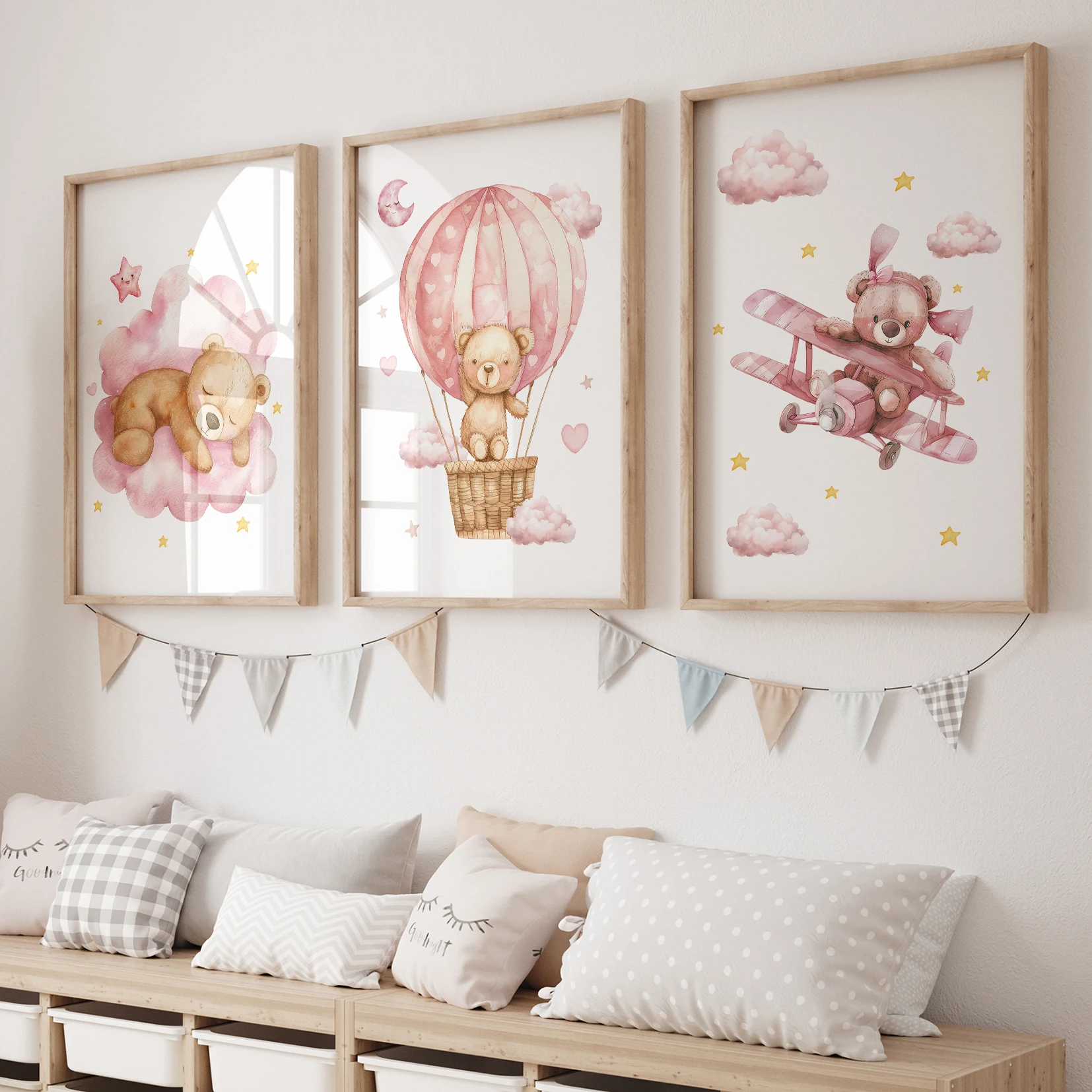3 stücke Cartoon Kinder Rosa Teddybär Heißer Luft Ballon Wand Kunstdrucke Leinwand Malerei Poster Bild Für Wohnzimmer Wohnkultur Image