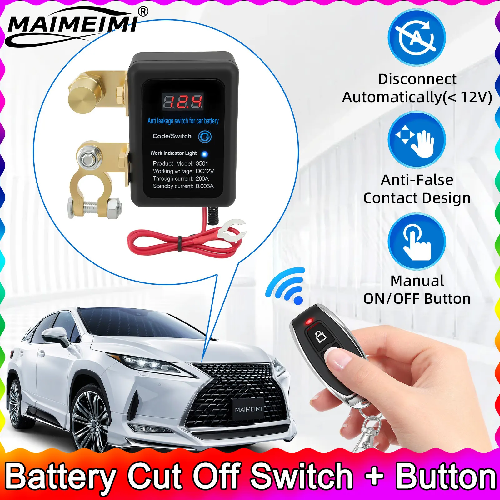Fernbedienung Batterie Cut Off Schalter + Fernbedienung Taste DC 12V 260A Automatische Power Abschaltung Schalter Trennen Schalter für Auto SUV Image