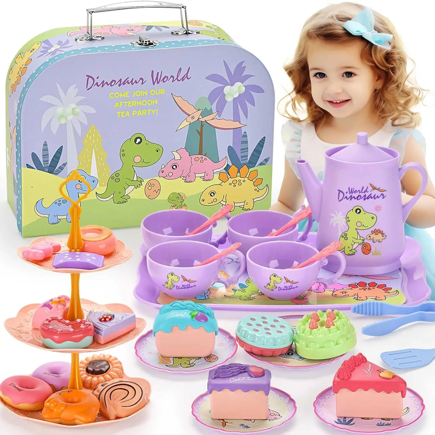 Dinosaurier-Teeservice-Set für kleine Mädchen, Spielzeug-Teekanne-Set, Prinzessinnen-Spielküche mit Dessert-Tragetasche, Geburtstagsgeschenke Image