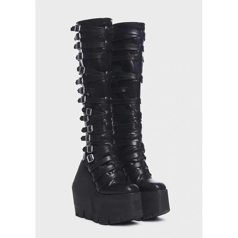Punk Stil Schwarz Karree Plattform Gürtel Schnalle Kniehohe Frauen Stiefel Keile High Heels Zurück Zipper Design Große größe Schuhe