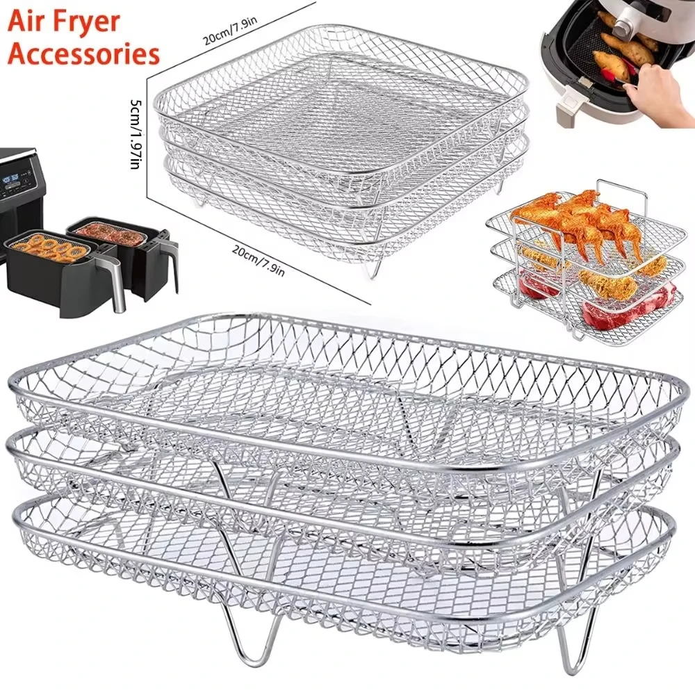 1/3-lagiges Edelstahl-Heißluftfritteusen-Zubehör, stapelbarer BBQ-Antihaft-Airfryer-Einsatz, Drahtgitterkorb, Küchenhelfer Image