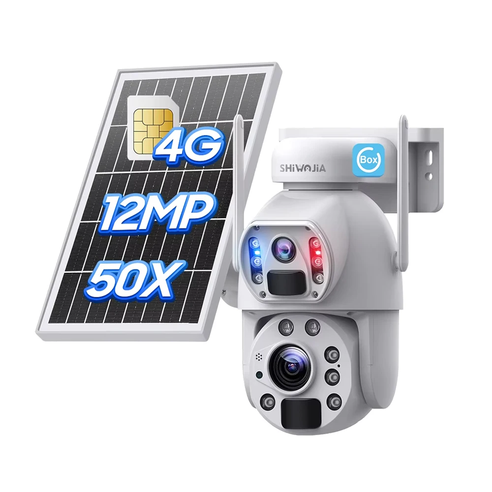 SHIWOJIA 12MP 4G SIM Solar Sicherheit Kamera 50X Zoom Video Aufnahme Dual-Objektiv Outdoor WiFi Batterie PTZ Kamera PIR Erkennung UBOX Image