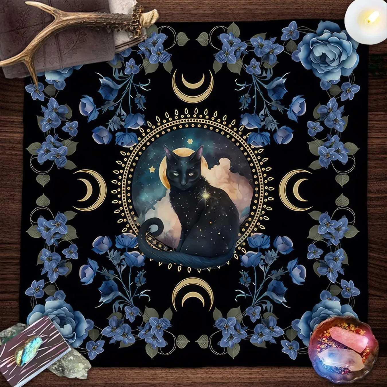 Mystisches Schwarzes Katzen-Tarot-Tischdecke Einseitig Bedruckt Bezaubernde Blumen-Tischdecke Wahrsagerei Altar Hexenritual Magisches Geschenk Image