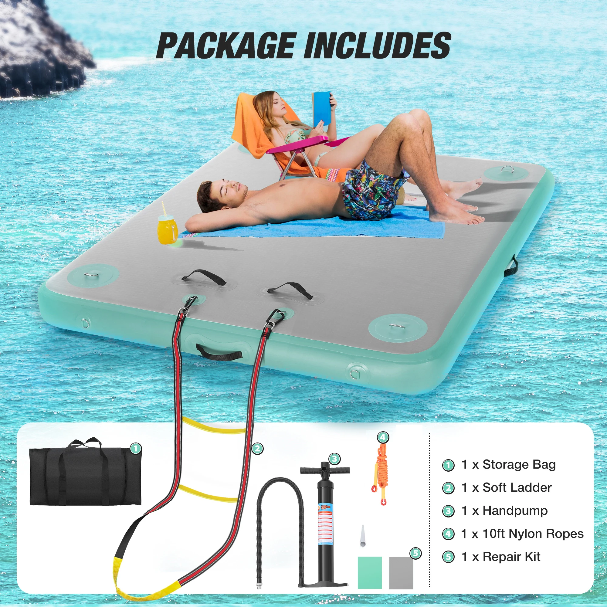Schwimmende Plattform 150x180x15cm, aufblasbare schwimmende Luftmatratze, Dock-Plattform für See/Insel/Schwimmbad Image