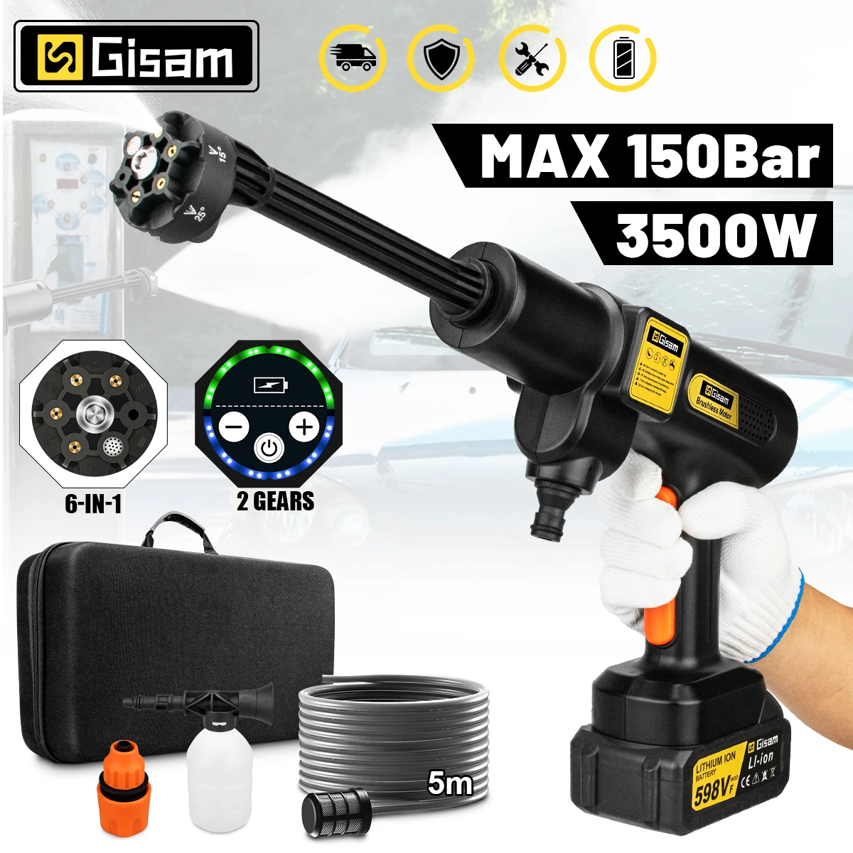 Gisak 200 bar 6-in-1 bürstenloser kabelloser Hochdruck-Autowaschanlage, wiederaufladbarer Lithium-Akku, Autoreinigung, Waschmaschine, Sprühwasserpistole