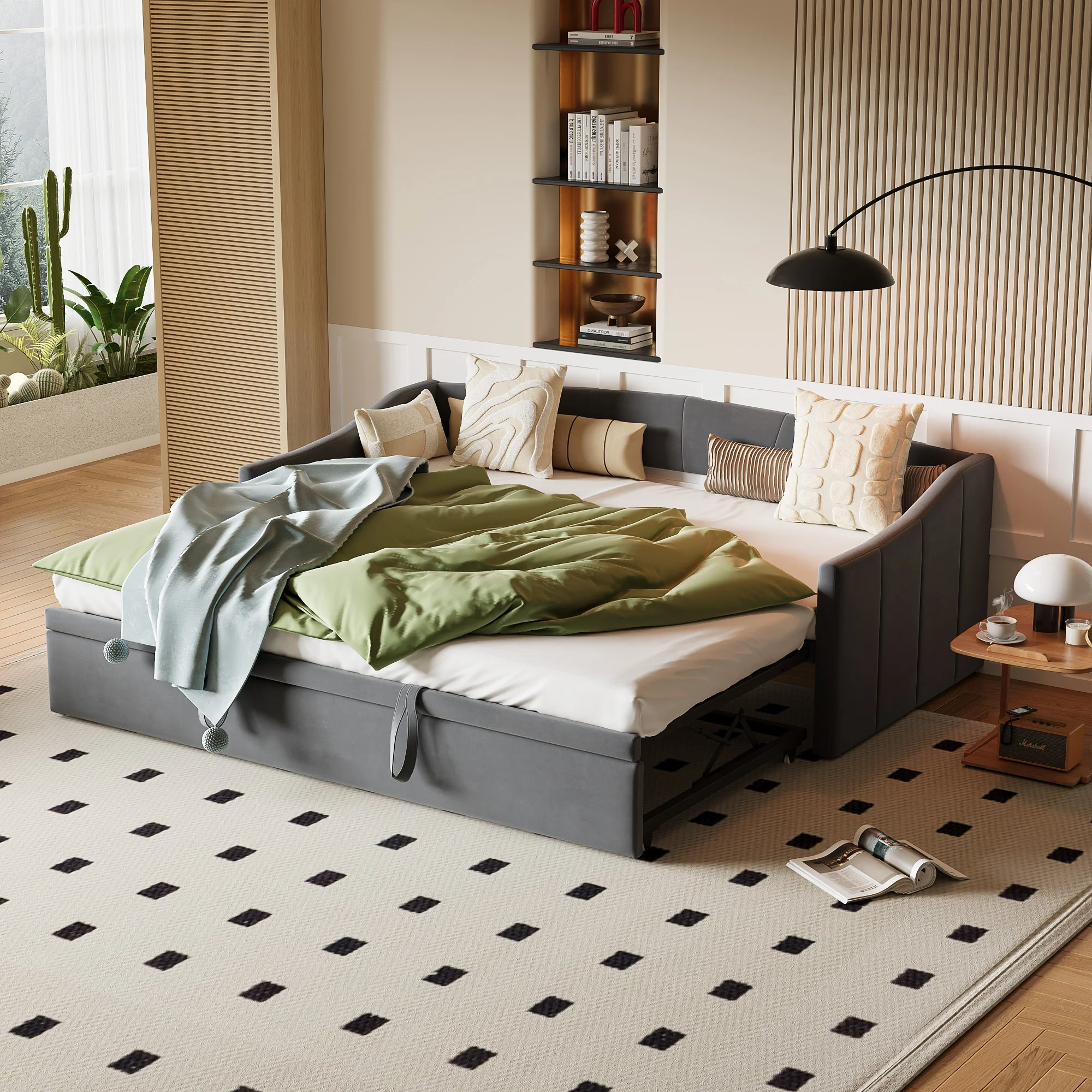 Anajqaqia 90/180x200cm Polsterbett, Einzelbett, Ausziehbares Schlafsofa, Tagesbett, Funktionsbett, mit Lattenrost, Samt