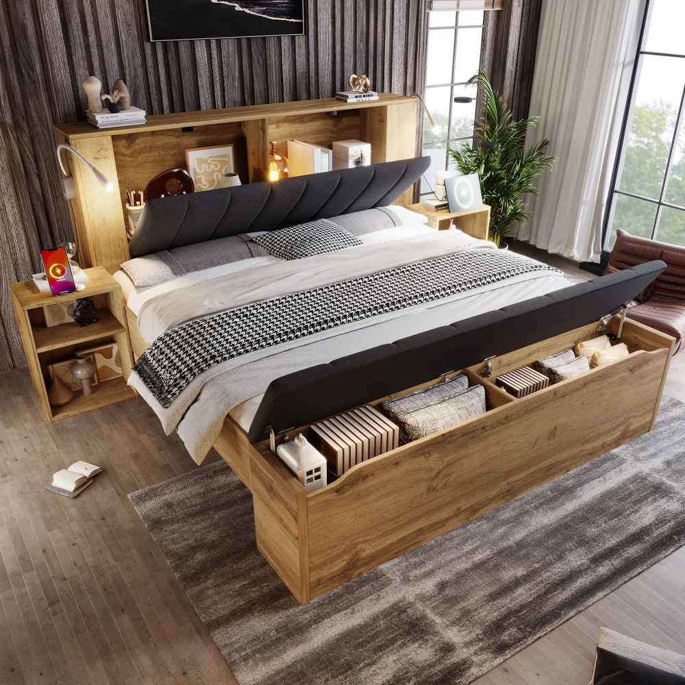 Doppelbett aus Holz mit klappbarem Kopfteil, Leinen, Bett mit Stauraum und zwei Nachttischen, Leselampen mit USB, Schiefergrau Image