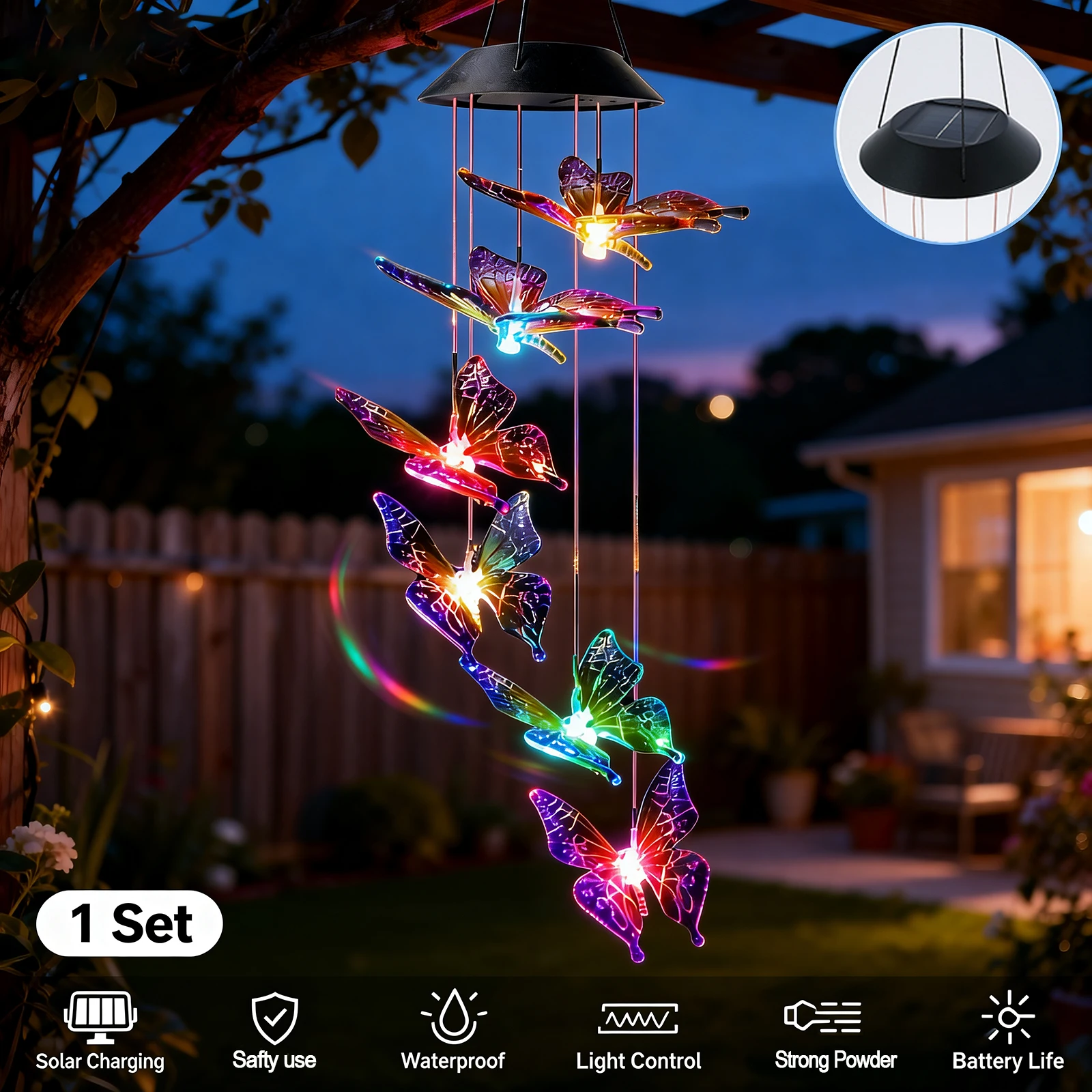 Schmetterlings-Solar-Windspiel-Licht, 120 mAh, mehrfarbiges Licht, wasserdichter Kronleuchter mit Glocke für Garten, Haus, Hof, Rasendekoration
