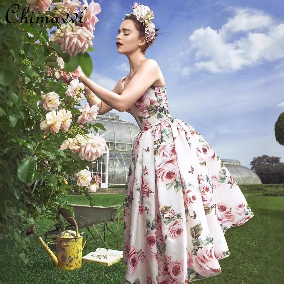 Französisch Elegante Retro Blume Drucken Sexy Kleider Square Neck Ärmellose Hohe Taille Schlank A-linie Großen Saum Sling Langes Kleid Frauen