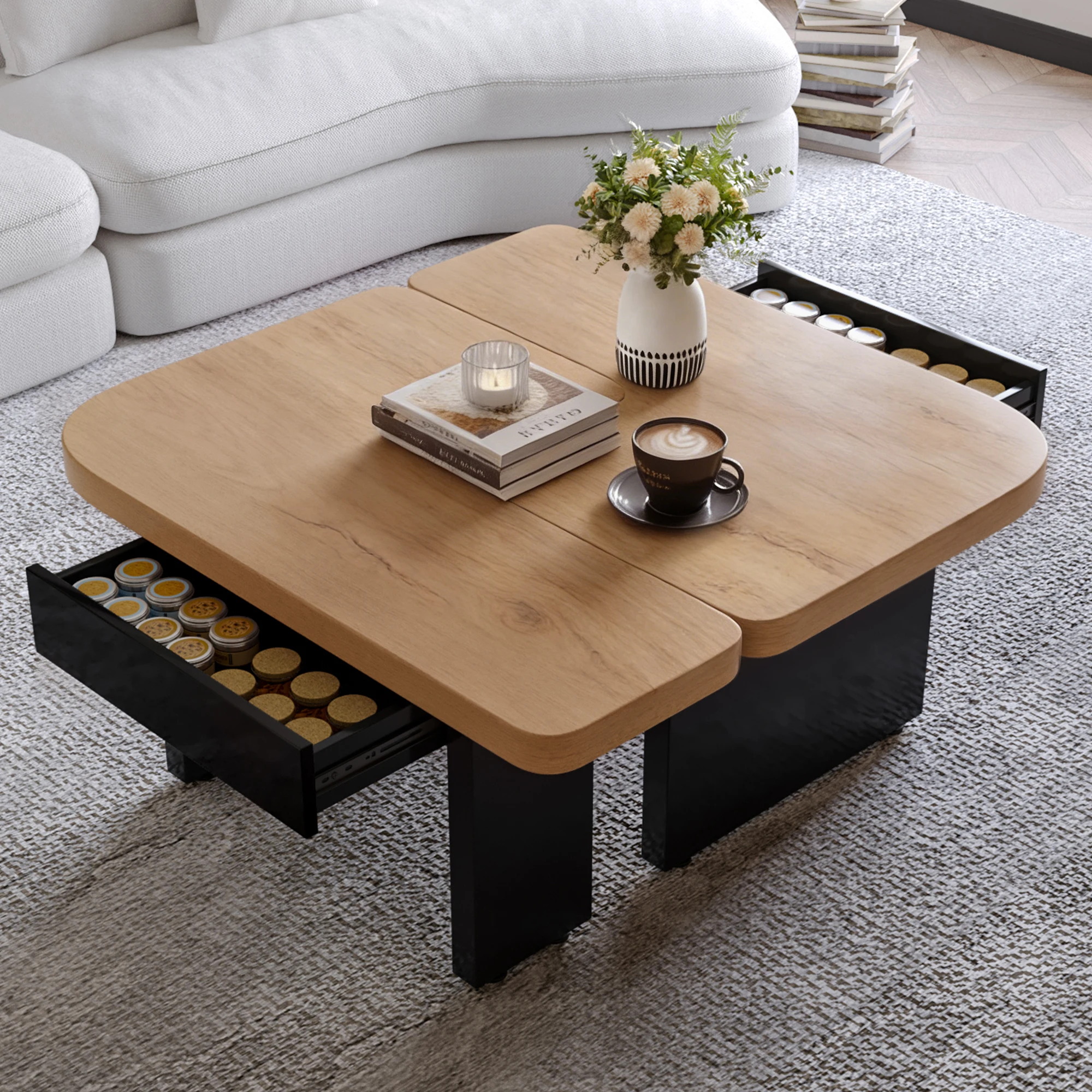 2-in-1 Couchtisch-Design, frei kombinierbar, Naturholzfarbe, 2 Schubladen, weiche Rundungen, höhenverstellbare Füße