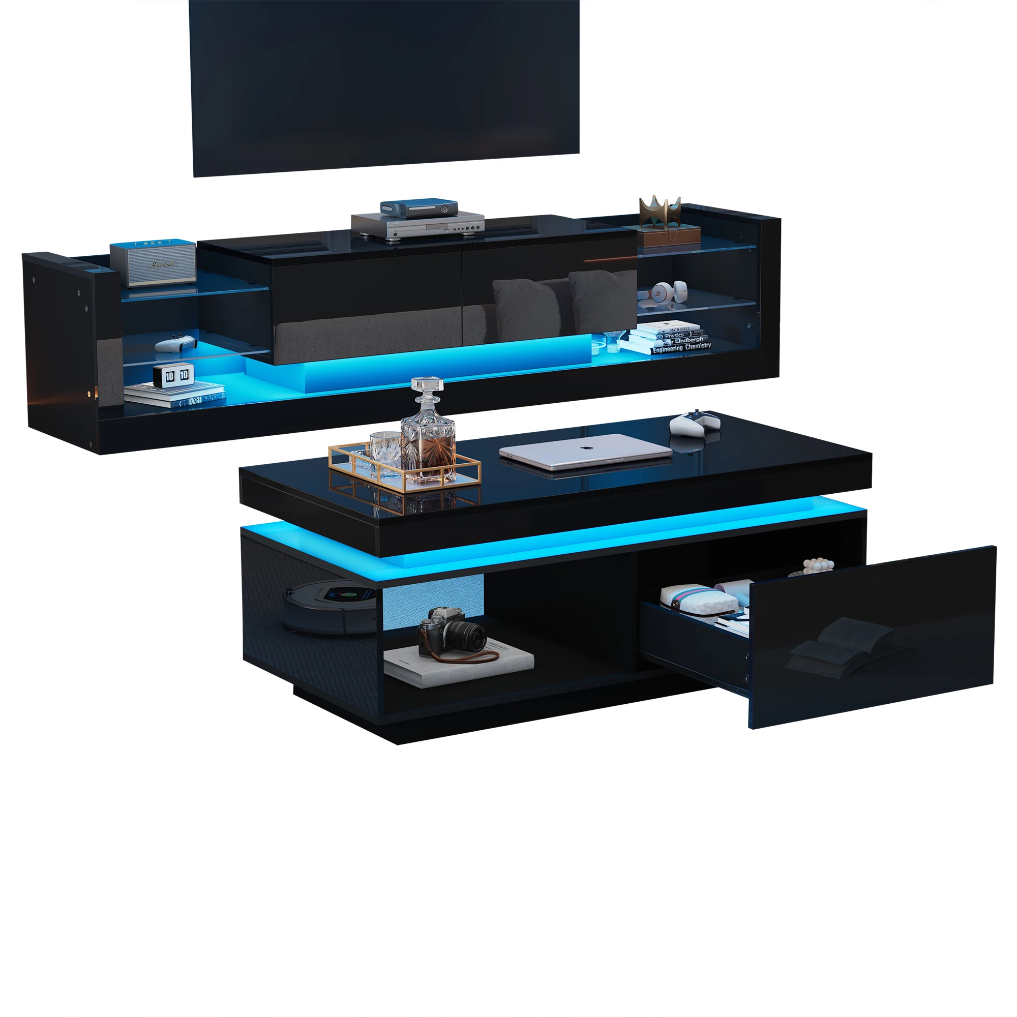 Ensemble meuble TV mural, meuble TV noir + table basse noire, meuble mural noir brillant, ensemble de salon, ensemble brillant