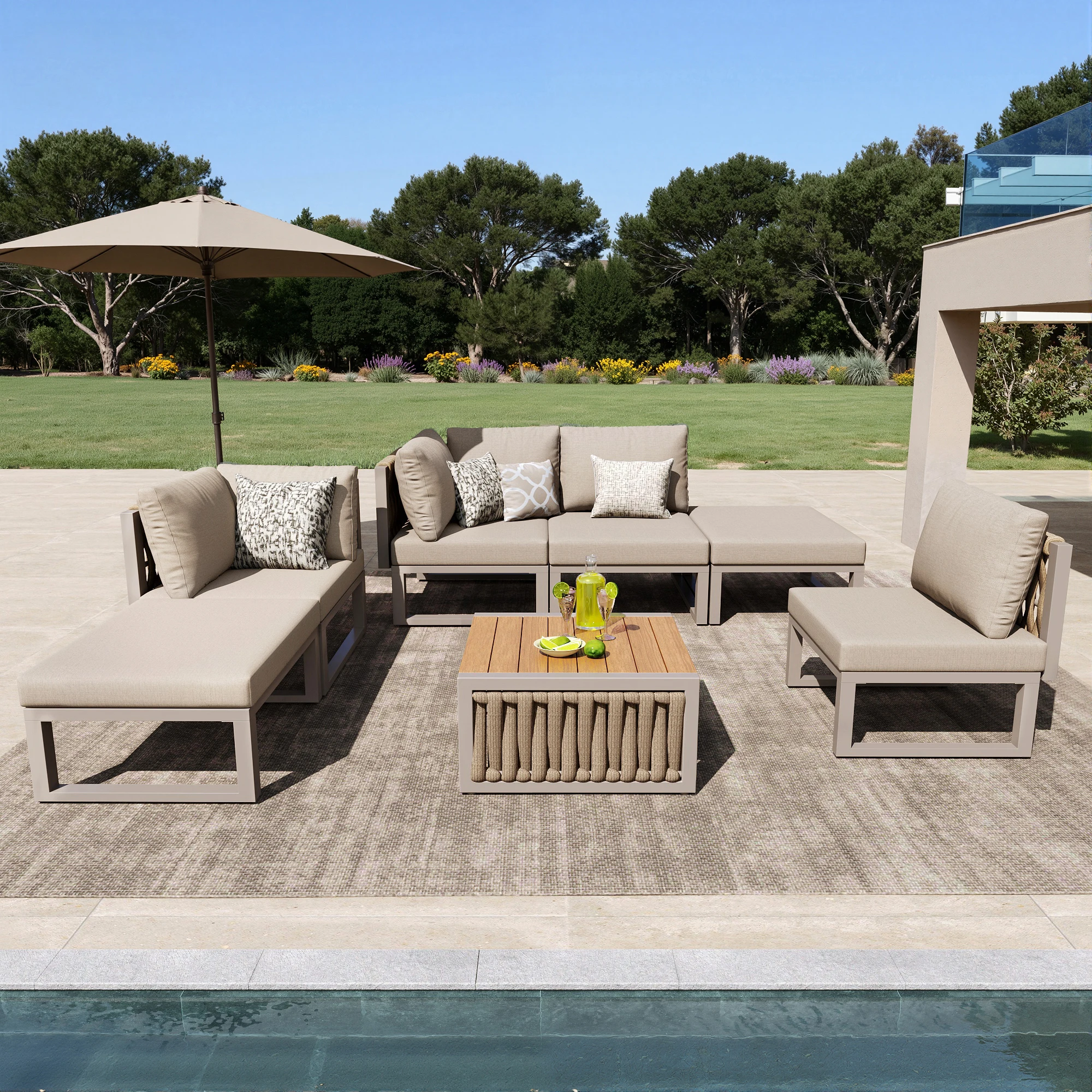 Gartenmöbel Set mit Hochwertigen Sitzkissen & Rückenkissen, Garten Loungesessel für 6 Personen,Doppelliege für den Außenbereich, Verstellbarer Rückenlehnenwinkel Image