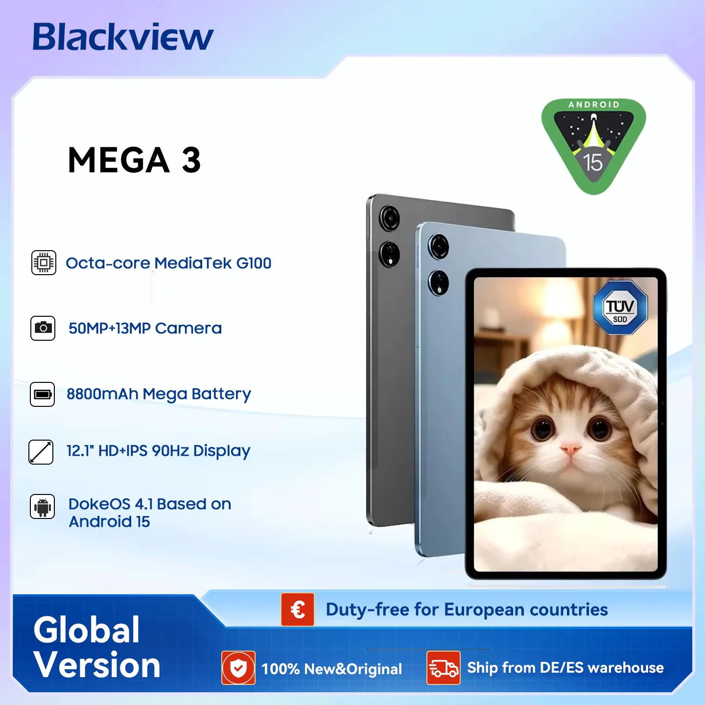 Blackview MEGA 3 Tablet PC SET, 12,1" 2,5K FHD+ Display, Android 15 Pad MTK G100 Octa Core, 36(12+24)GB RAM, 256GB ROM, 8800mAh Image