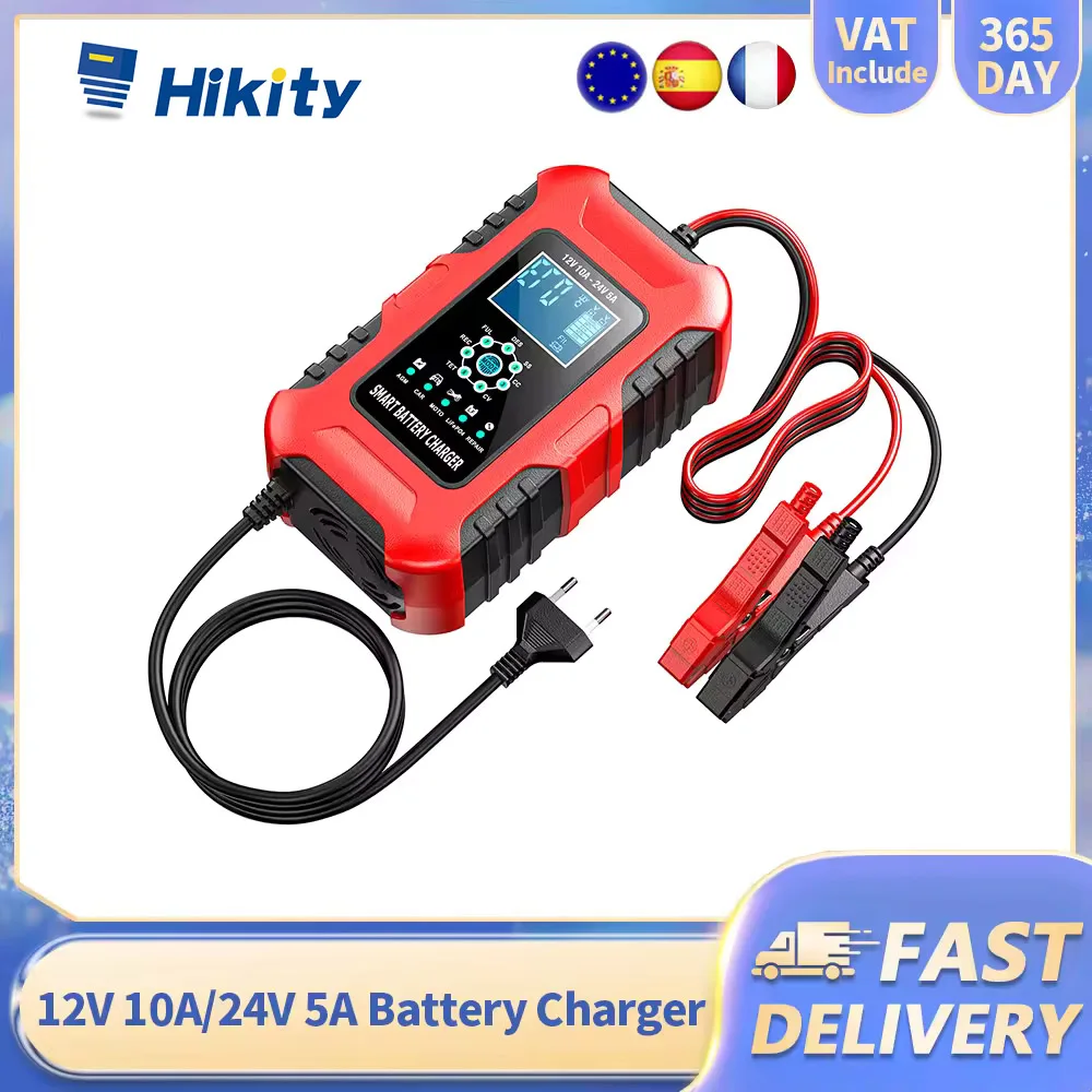 Hikity 12V 10A/24V 5A Batterieladegerät für Calcium/Gel AGM/LiFePo4/Blei-Säure-Batterien mit Thermoschutz, Pulsreparatur und LCD-Anzeige Image