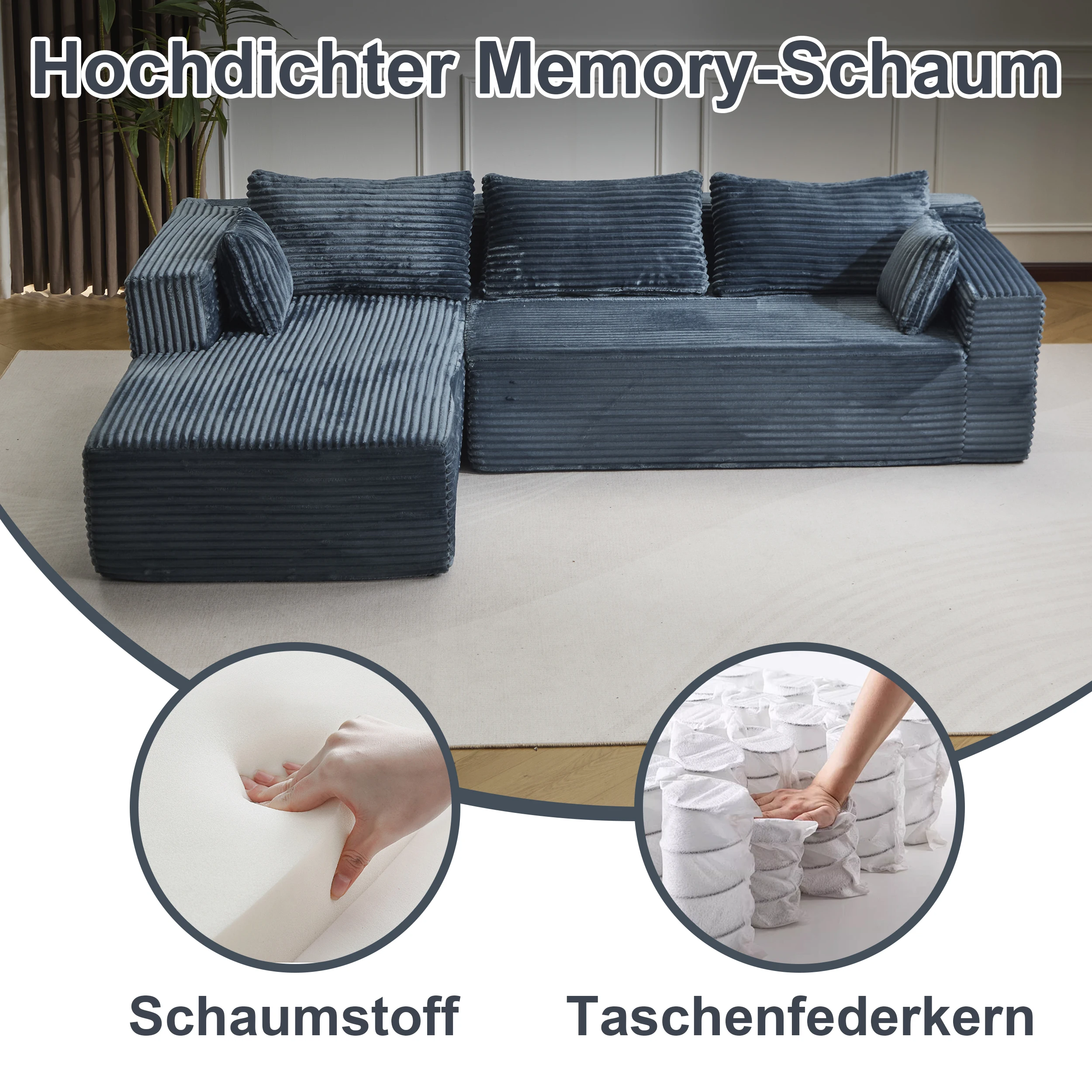 Blaues modernes Kompressesofa, 3-Sitzer-L-förmiges Sofa mit Kissen, keine Montage erforderlich, tiefes Cordsofa für Wohnzimmer, Schlafzimmer