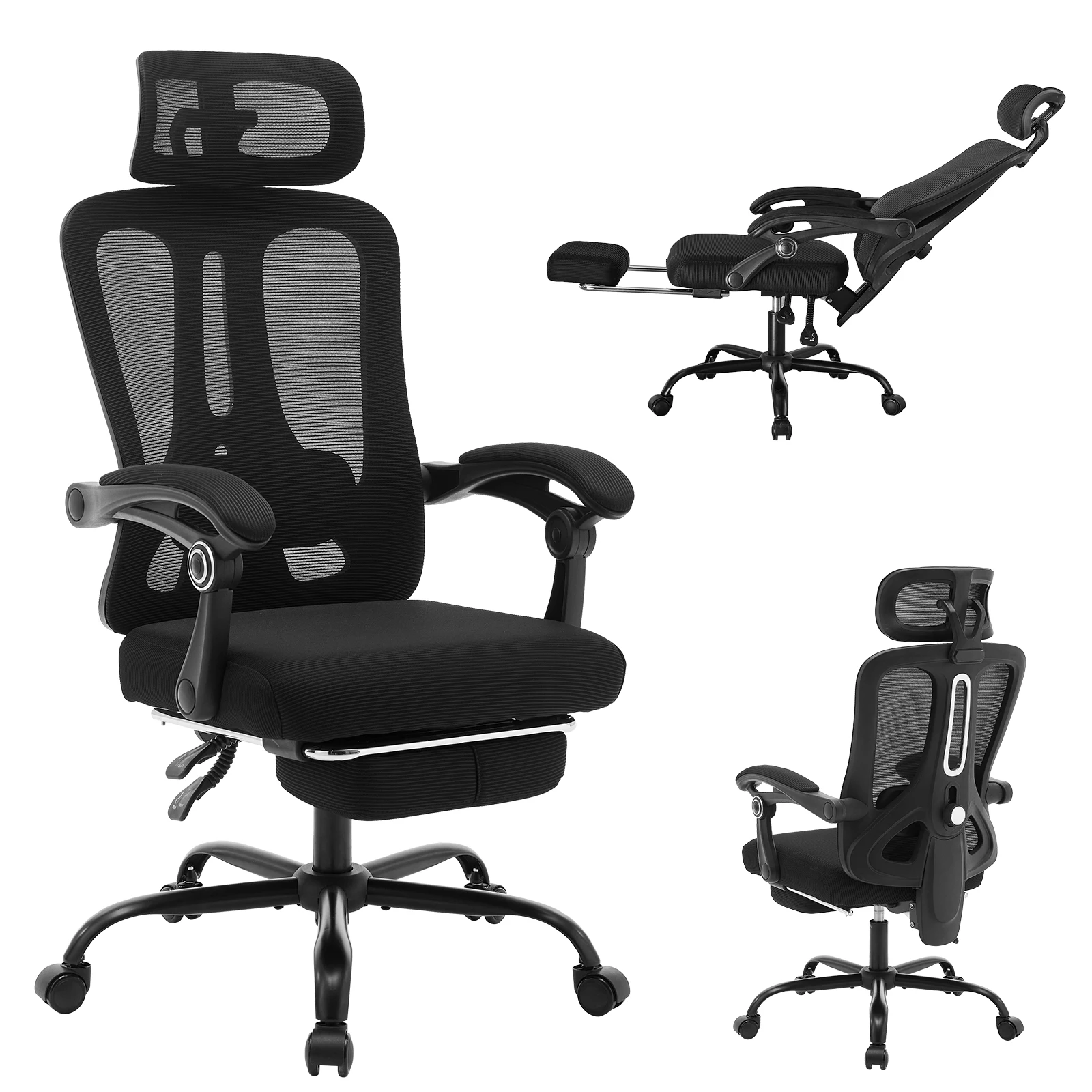 Ergonomischer Bürostuhl, verstellbare Lordosenstütze, drehbarer Arbeitsstuhl für zu Hause mit Kopfstütze, Fußstütze, Mesh-Gaming-Stühle mit hoher Rückenlehne Image