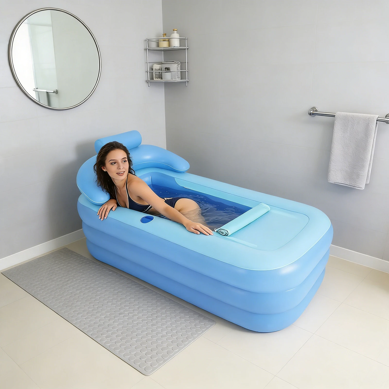 Blaue tragbare faltbare aufblasbare Badewanne, aufblasbare PVC-Badewanne mit ergonomischer Rückenlehne und Reißverschlussdeckel