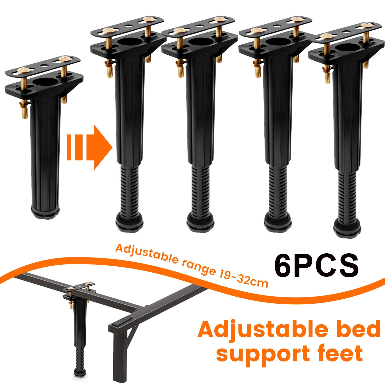 6/4 Stück Bettstützbeine, höhenverstellbar, 19–32 cm, Bettgestell-Mittelstützbeine, Metall-Ersatzbeine für Bettgestell/Bettgestell Image