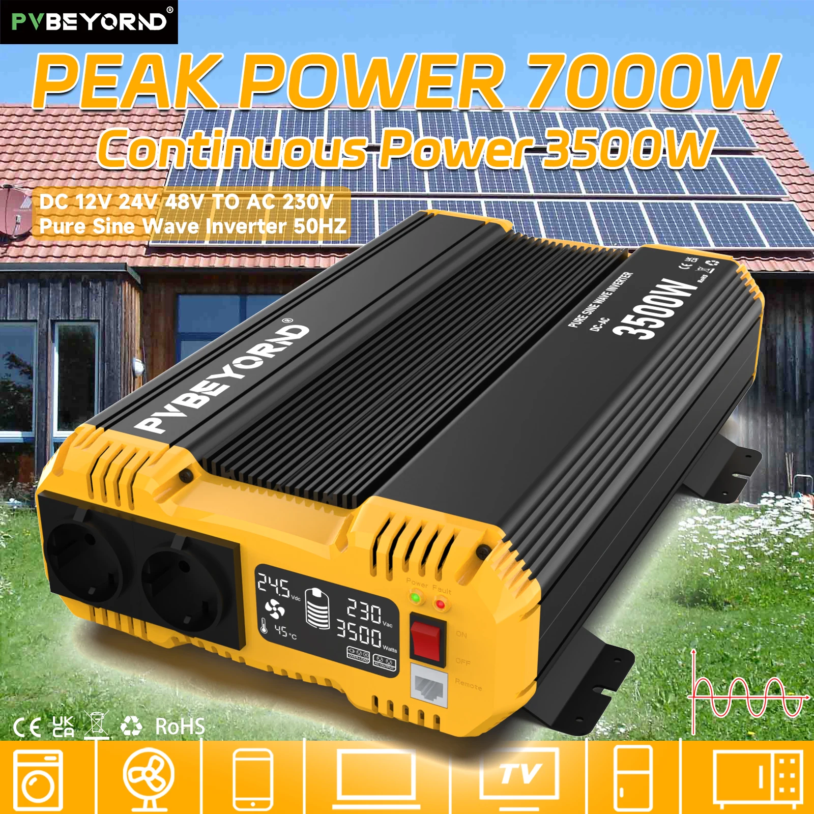 PVBEYORND 7000 W reiner Sinus-Wechselrichter DC 12 V 24 V 48 V zu AC 230 V Sinus-Wechselrichter für Zuhause, Camping und Wohnmobil, kontinuierliche Leistung 3500 W Image