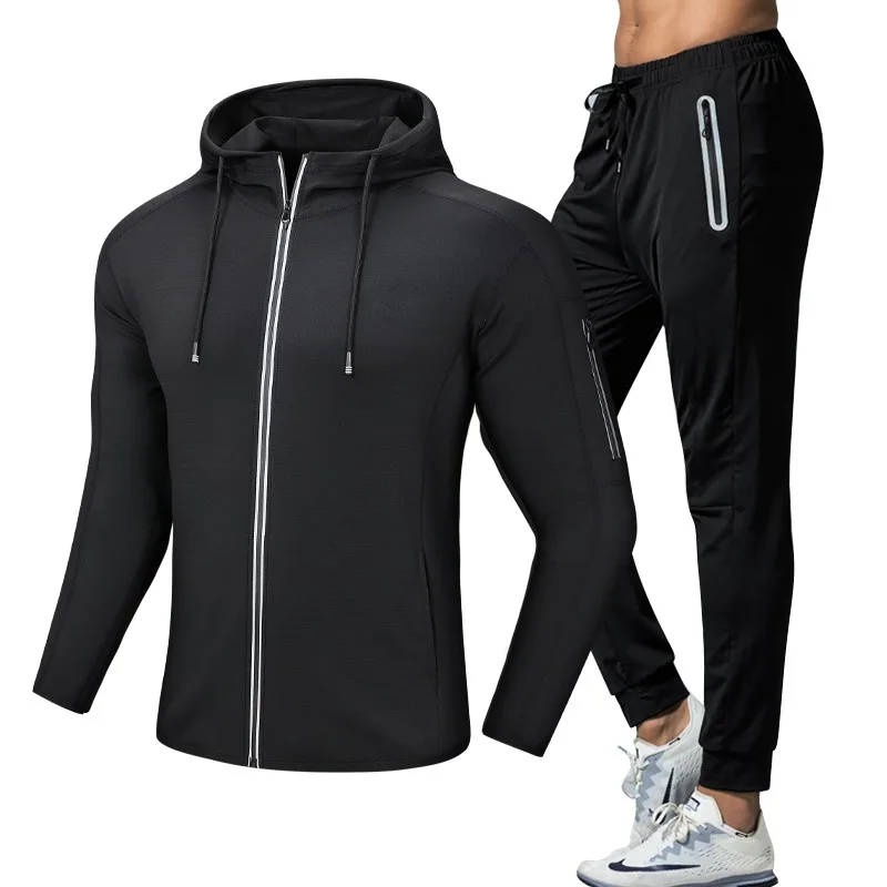 Ensemble de sport pour homme 2 pièces à séchage rapide, tenue de fitness avec veste et pantalon, vêtements de sport actifs