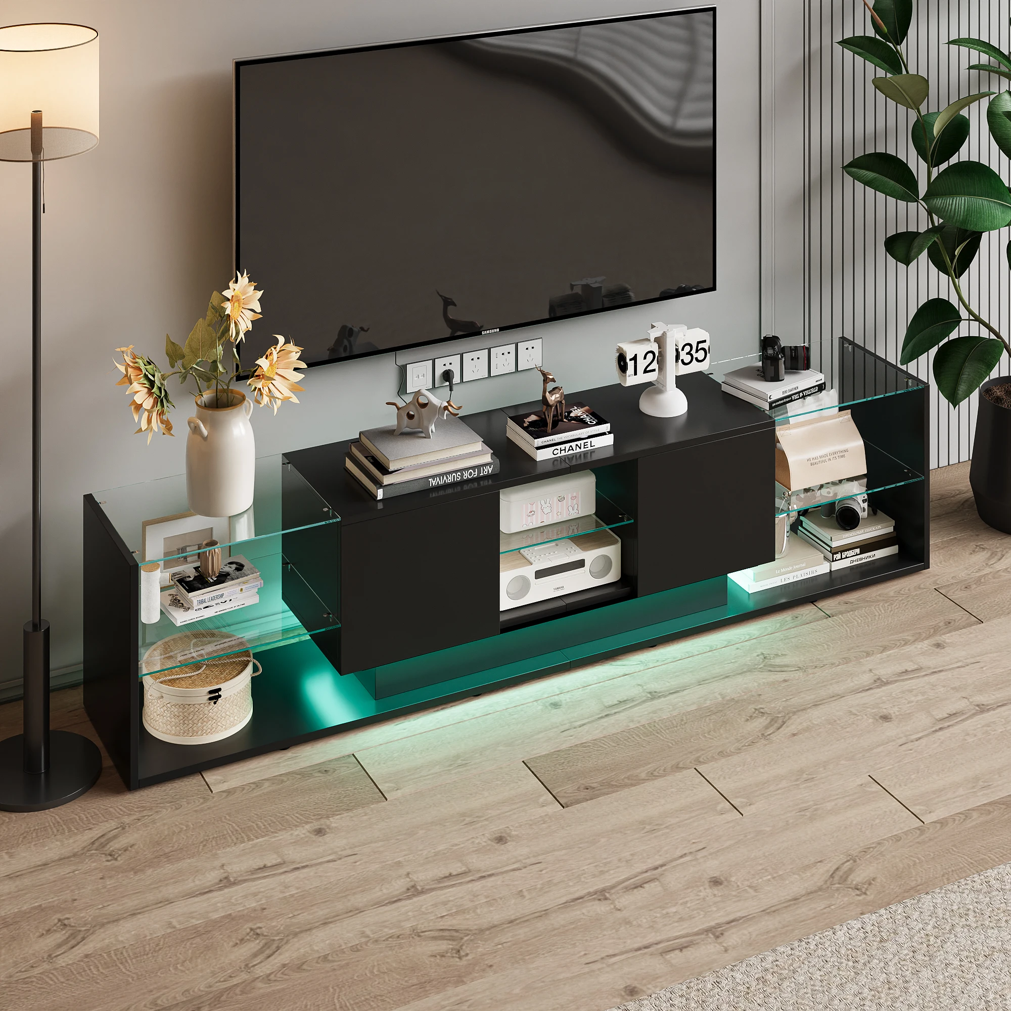 Comanlai 200 cm schwebender moderner TV-Ständer mit LED-Licht, Regalen aus Hochglanzglas, 2 Schubladen, Medienkonsole für Wohnzimmer Image