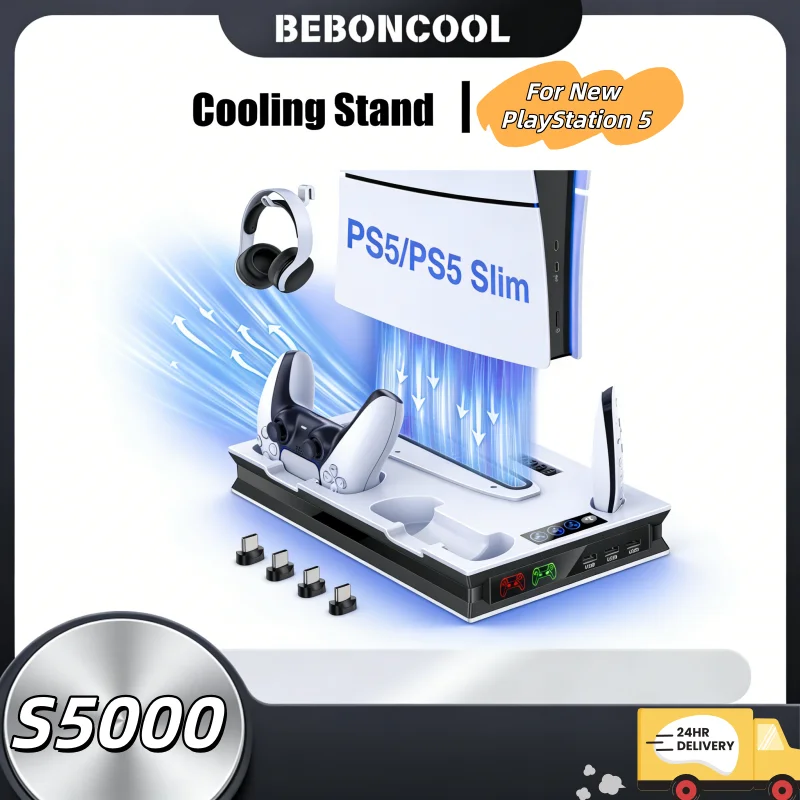 BEBONCOOL S5000 PS5 Slim Kühlständer, vertikale Ladestation, Notebook-kompatibler Kühler für die neue PlayStation 5 Image