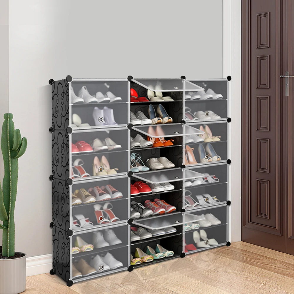 Schuhschrank mit 12 Türen, Schuhschrank mit Kunststofftüren, modular, zum Selberbauen, HxLxB: 120x30 cm, schwarz