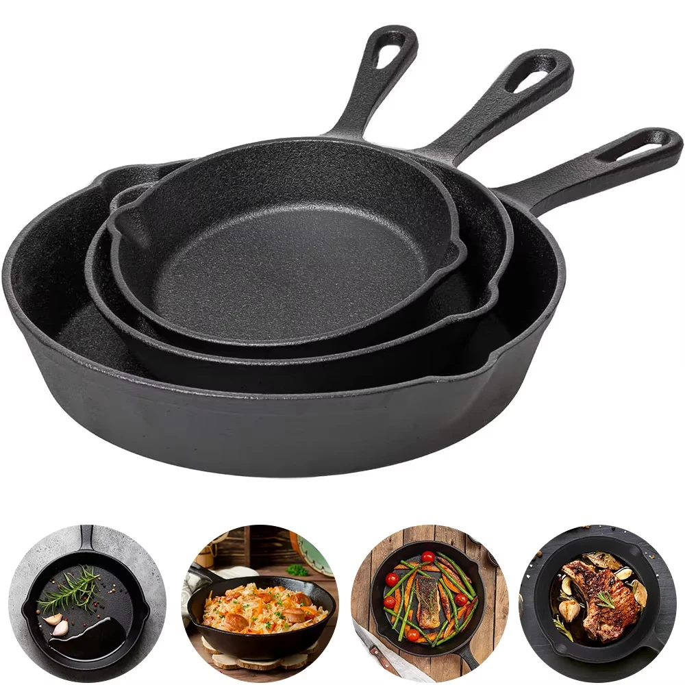 3-teilige Bratpfanne aus Gusseisen, unbeschichtet, schwarz, zum Braten von Lebensmitteln, Kochen und Rühren, Antihaft-Bratpfannen, Omelettpfanne Image