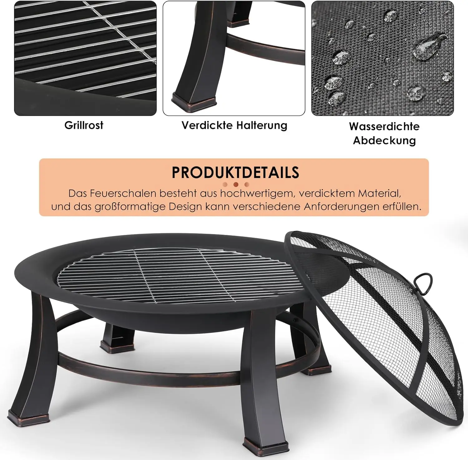 76 cm Feuerschale, BBQ-Grill, Feuerkorb, Feuerstelle, Grillrost, mit Funkenschutz für Gartencamping Image