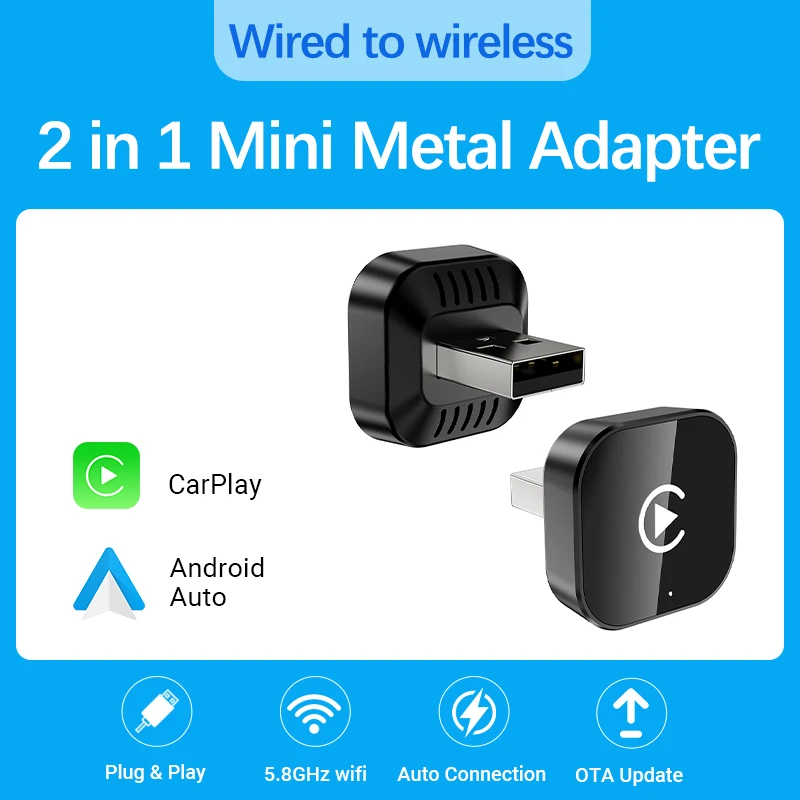Neuer 2-in-1 Kabelgebundener zu Kabelloser CarPlay-Adapter, Android Auto Dongle, Hochwertiges Auto-Zubehör Smart Box 5GHz WLAN Typ-C/USB Image