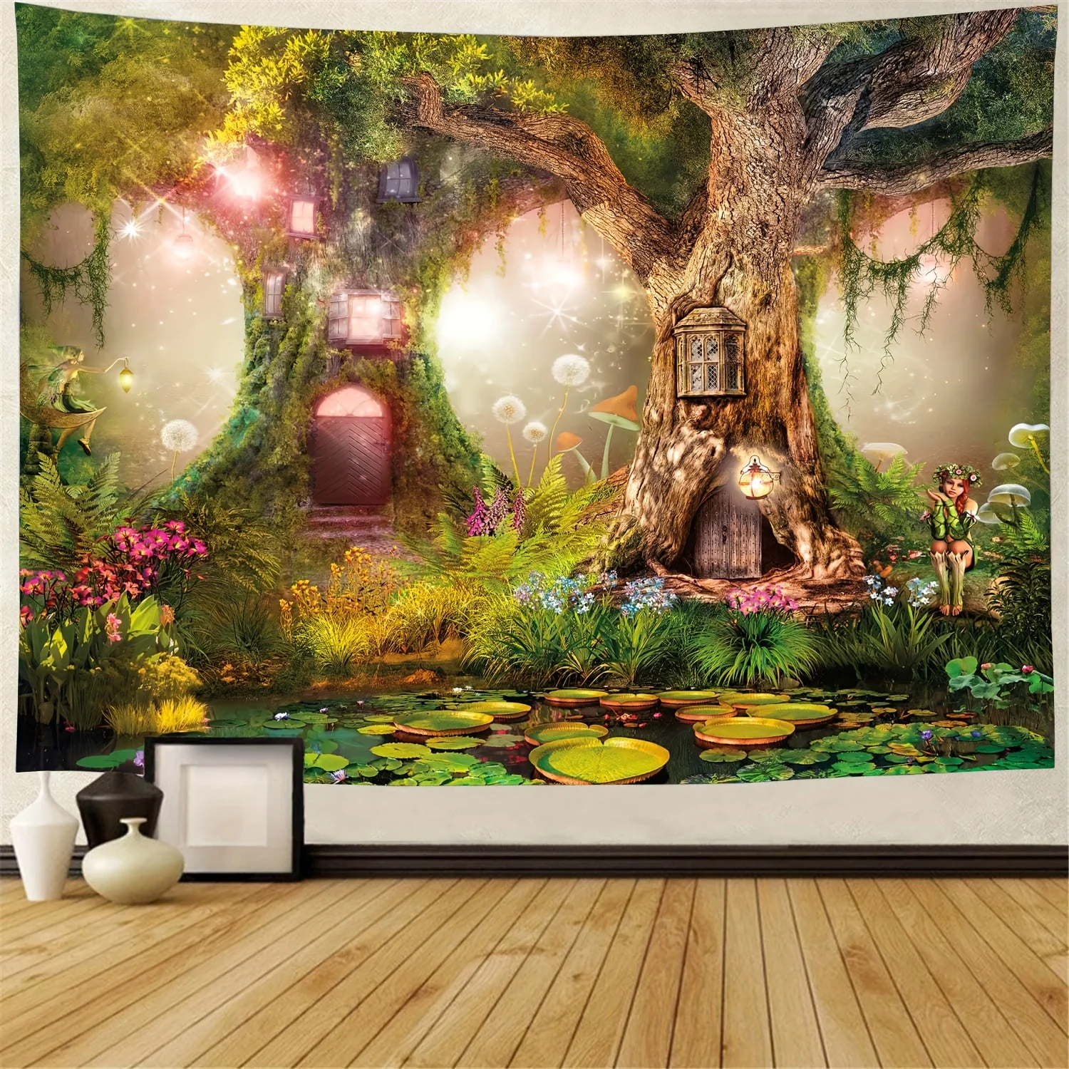 VIKAMA Fairy Forest Märchen Wandteppich Baumhaus Kinderzimmer Magic Corner Thema Fantasy Wohnzimmer Dekor Image