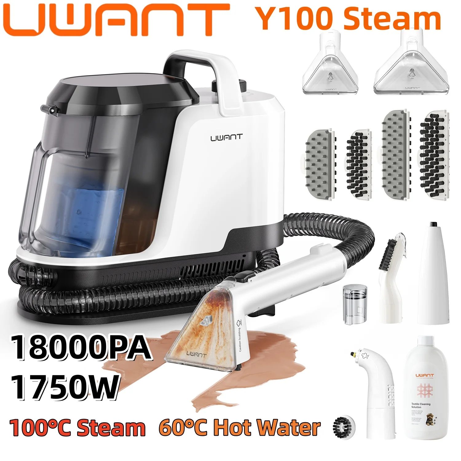 Uwant Y100 Steam 18000Pa Teppichreiniger 1750 W 100 ° C Dampf 60 ° C Heißwasser, selbstreinigend, vielseitig einsetzbar, für Sofa, Auto, Schuh, Tierhaare