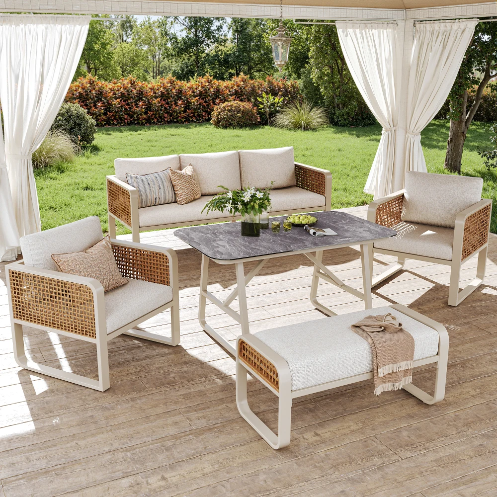 PE-Rattan Outdoor-Lounge-Set für 6-7 Personen, Wetterfeste Gartenmöbel mit Beistelltisch & Waschbaren Kissen