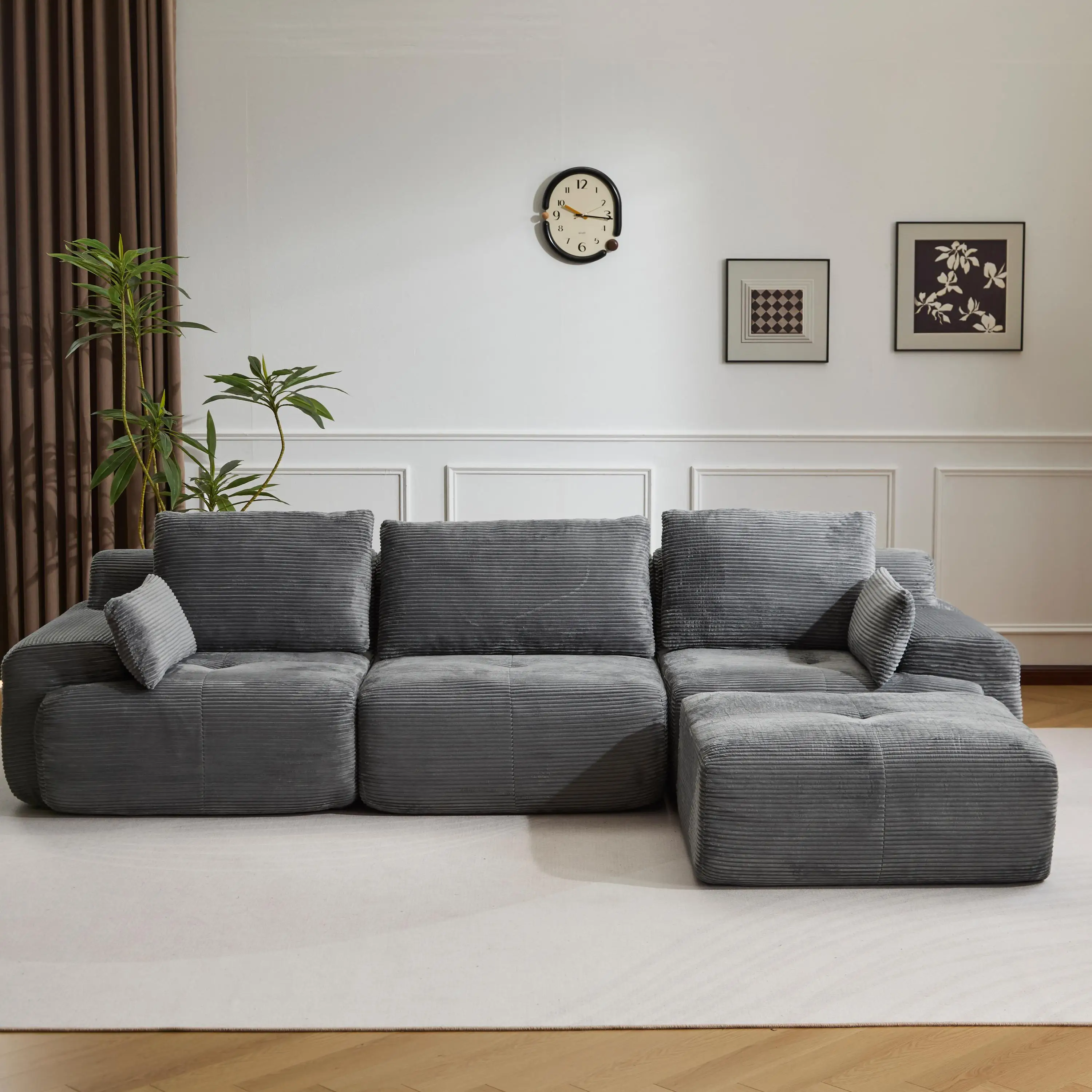 Graues L-förmiges Cord-Sofa, Cord-Lounger ohne Montagevorgang, 3-Sitzer Modulares Ecksofa mit Kissen, Weiches Loveseat Image