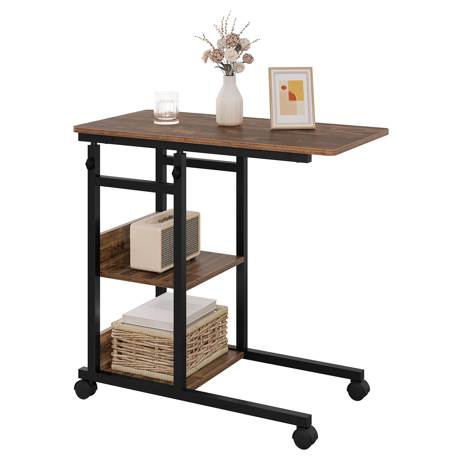 Couchtisch, Beistelltisch, Bett, Sofa, Laptop, Tisch, C-förmig, höhenverstellbar, mit Rollen, Beistelltisch für Wohnzimmer, Schlafzimmer Image