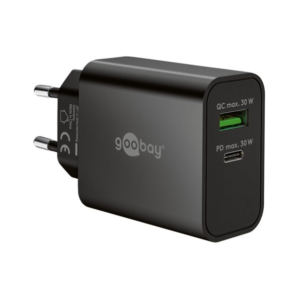 goobay Dual-Schnellladegerät GaN 1x USB-C (PD) / 1x USB-A (QC) 30 W schwarz schwarz, 2.67x4.55x8.85 cm