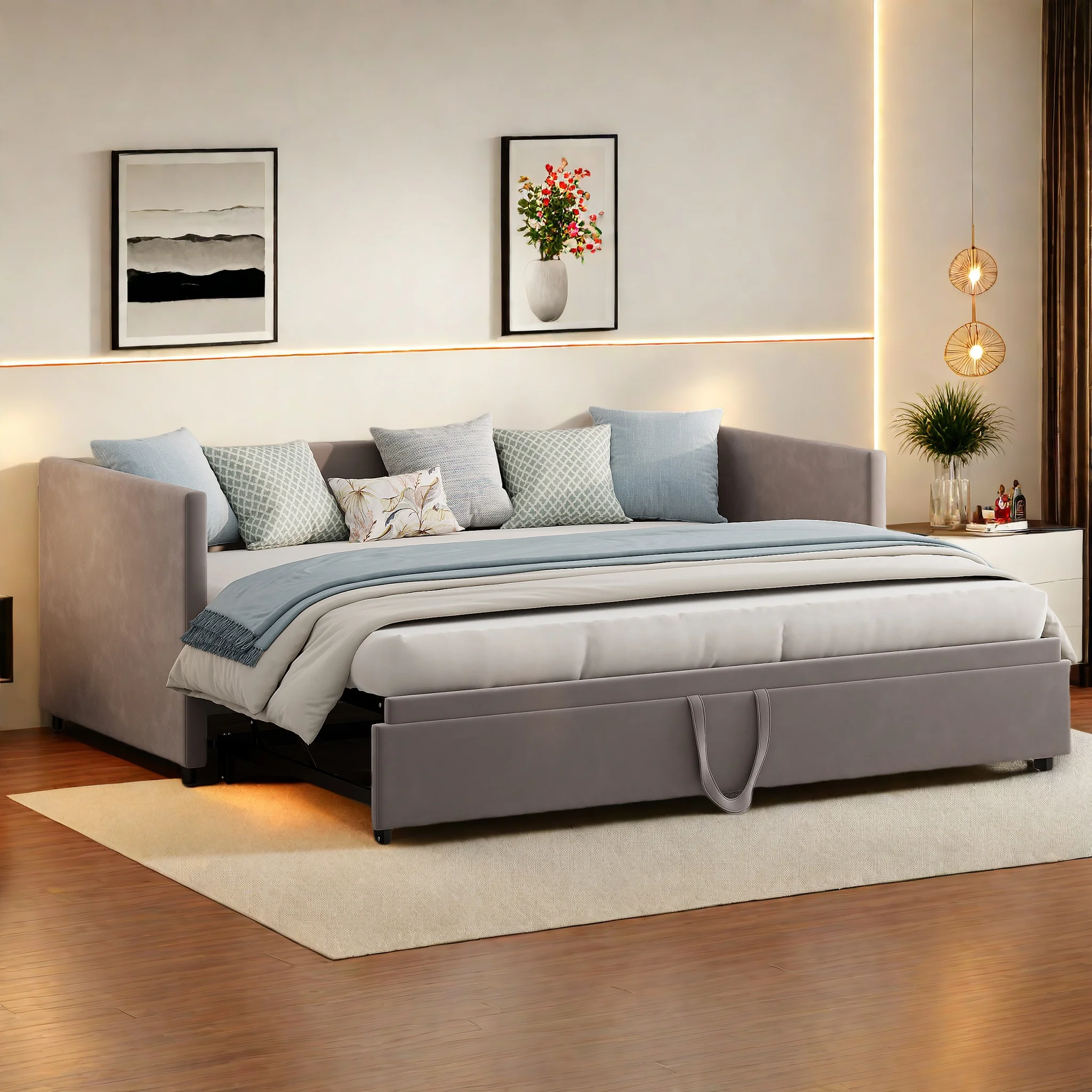 Superaly Ausziehbares Schlafsofa mit Lattenrost, Multifunktionsbett, Polsterbett, Samtstoff, Grau, 90/180x200cm Image