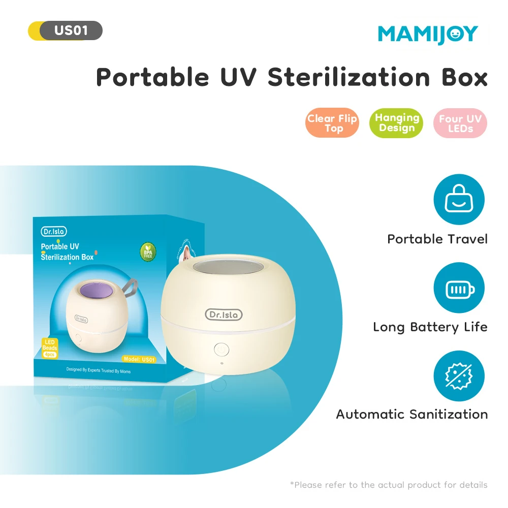 MAMIJOY Tragbare Schnuller-Sterilisatorbox, wiederaufladbar und mit 4 UV-LED-Leuchten, Ein-Klick-Bedienung, 800 mAh, für Baby-Schnuller/Schnullerhalter US01 Image