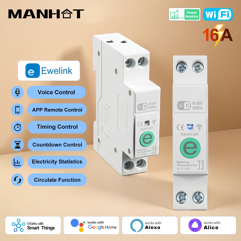 Ewelink 1P+N 16A WLAN-Smart-Leistungsschalter MCB Timer-Relais-Schalter Energiezähler kWh Spannungs-Stromschutz Fernbedienung Image