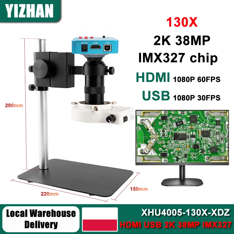 YIZHAN 130X C-Mount Digitalmikroskop zum Löten 2K 38MP HDMI USB HD Kamera 1/2.8'' IMX327 1080P 60FPS Kleiner Sockel für PCB-Reparatur Image