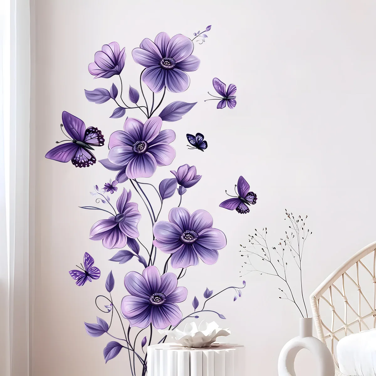 Lila Blumen-Schmetterling-Wandaufkleber, abnehmbare florale Dekoration, abziehbare Wandtattoos für Wohnzimmer, Schlafzimmer, Tür