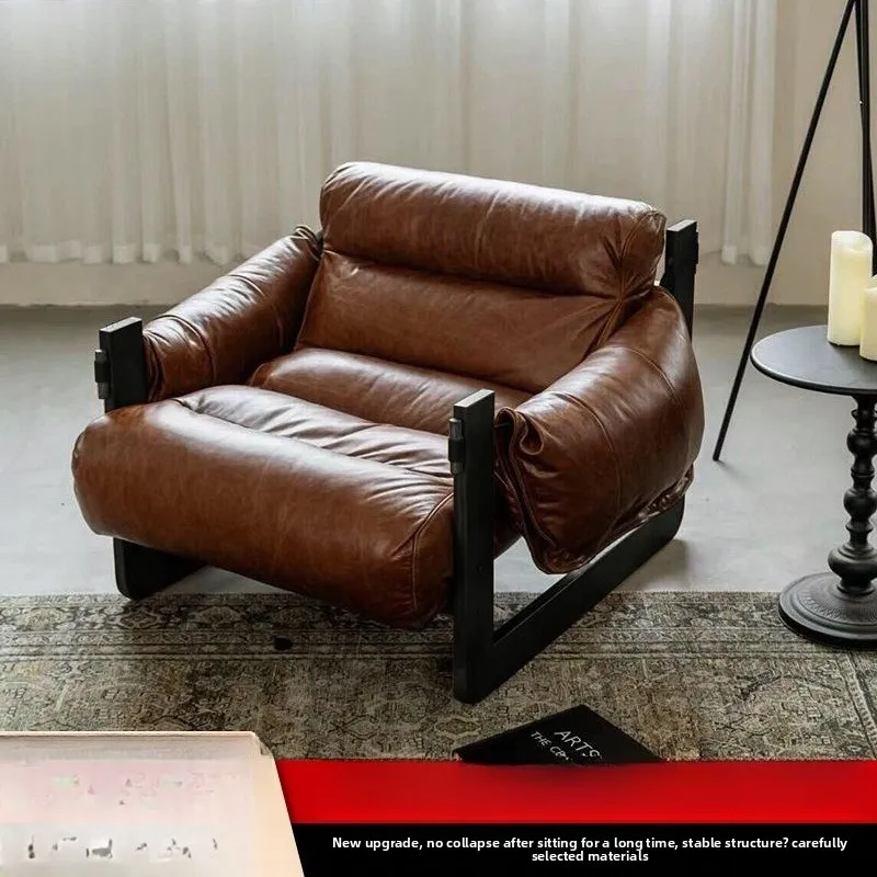 Antiker Leder-Sessel für Wohnzimmer, Balkon-Freizeitstuhl, Retro-Liegestuhl, Einzelsessel