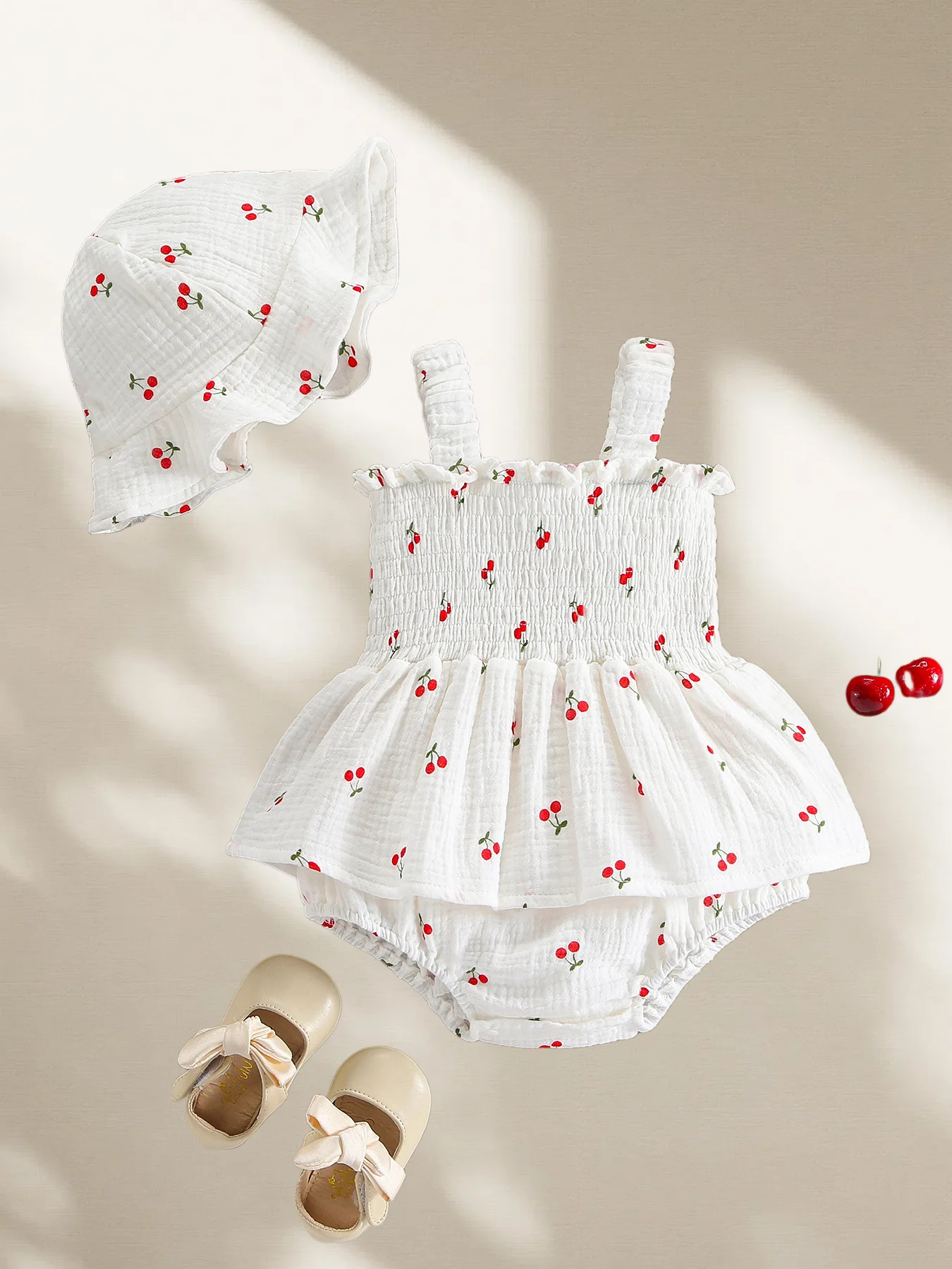 2026 Sommer 0-2T Babykleidung Süßer Kirsch-Blumendruck Mädchen-Body mit passendem Sonnenhut und Rüschenkragen Kleinkind-Einteiler Image