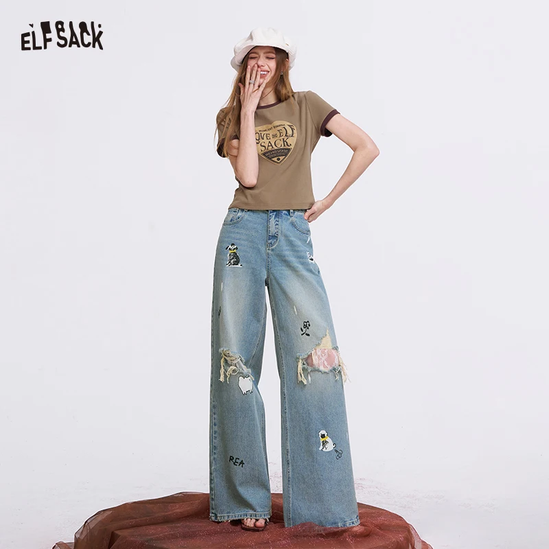 ELFSACK Bedruckte Distressed-Spitzenjeans mit geradem Bein für Damen Image